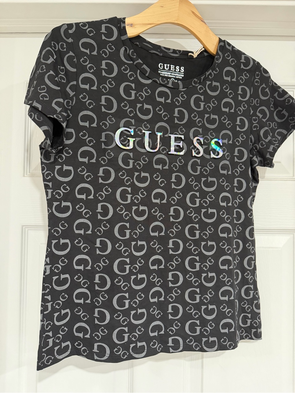GUESS Black Allover Monogram Short Sleeve Tee with Holographic Logo